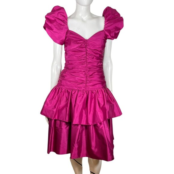 Vintage 80s Fuchsia Taffeta Prom Dress Off-Shoulder Pleated Size Juniors 9/10 - Picture 1 of 16